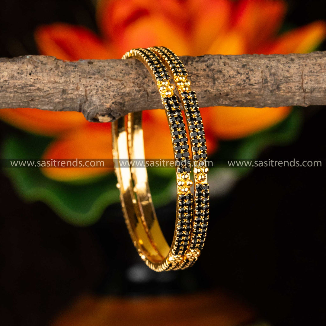 Traditional Wear Guaranteed Micro Gold Plated Center Diamond Shaped Black Two Line AD Stone Studded Bangles Sasitrends Online Shopping