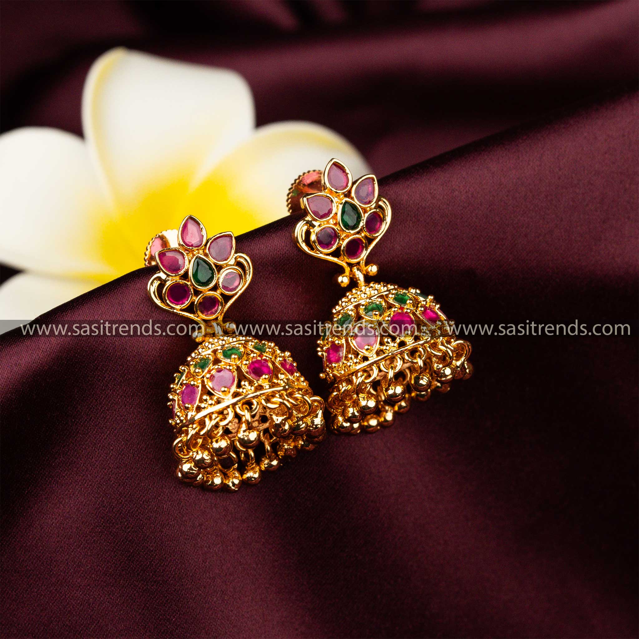 Guaranteed One Gram Micro Gold Plated Flower Designer AD Stone Jhumka Earrings 