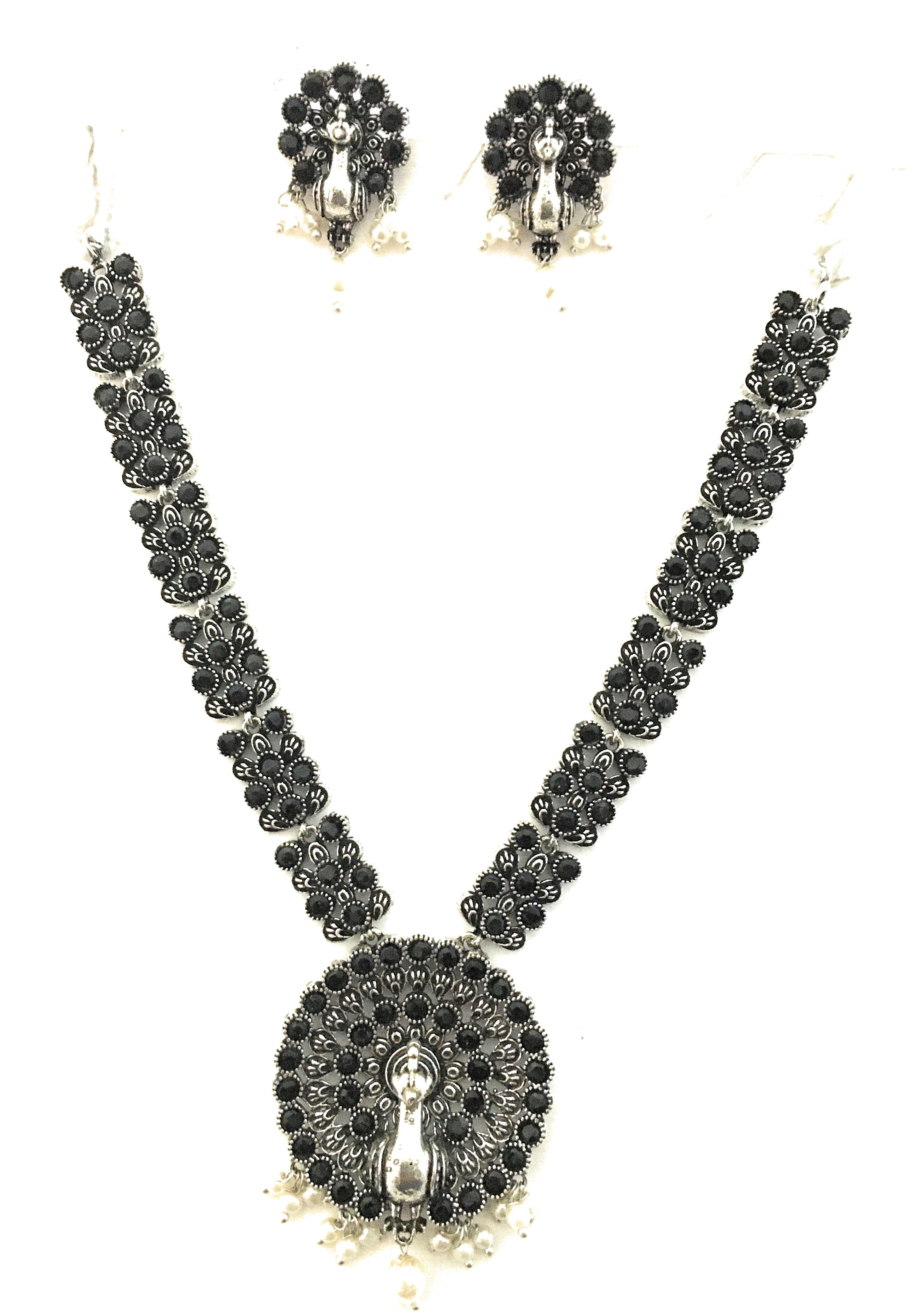 Stunning Peacock Motif Necklace with Black Stones and Pearl Drops - Latest Party Accessory