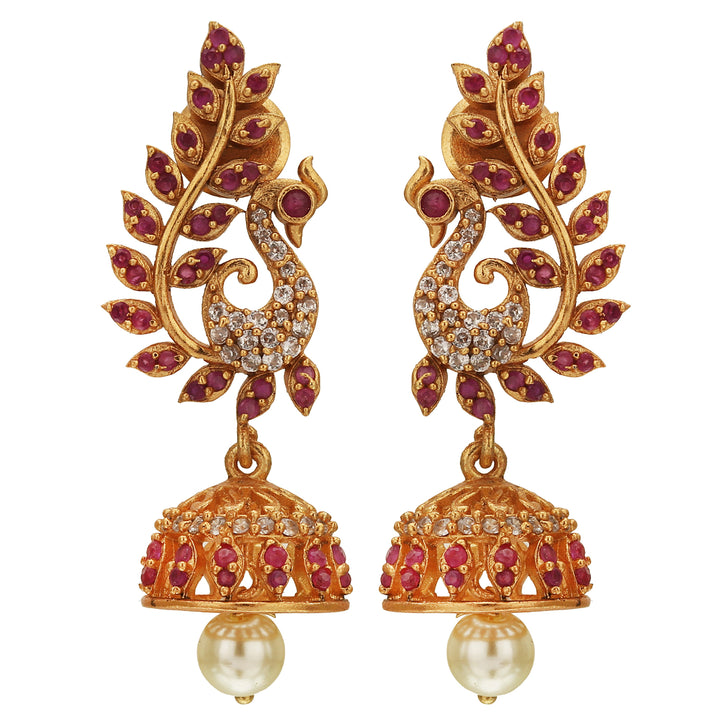 Elegant temple art matte gold plated peacock jhumkas featuring sparkling white and ruby stones with American diamonds - Sasitrends