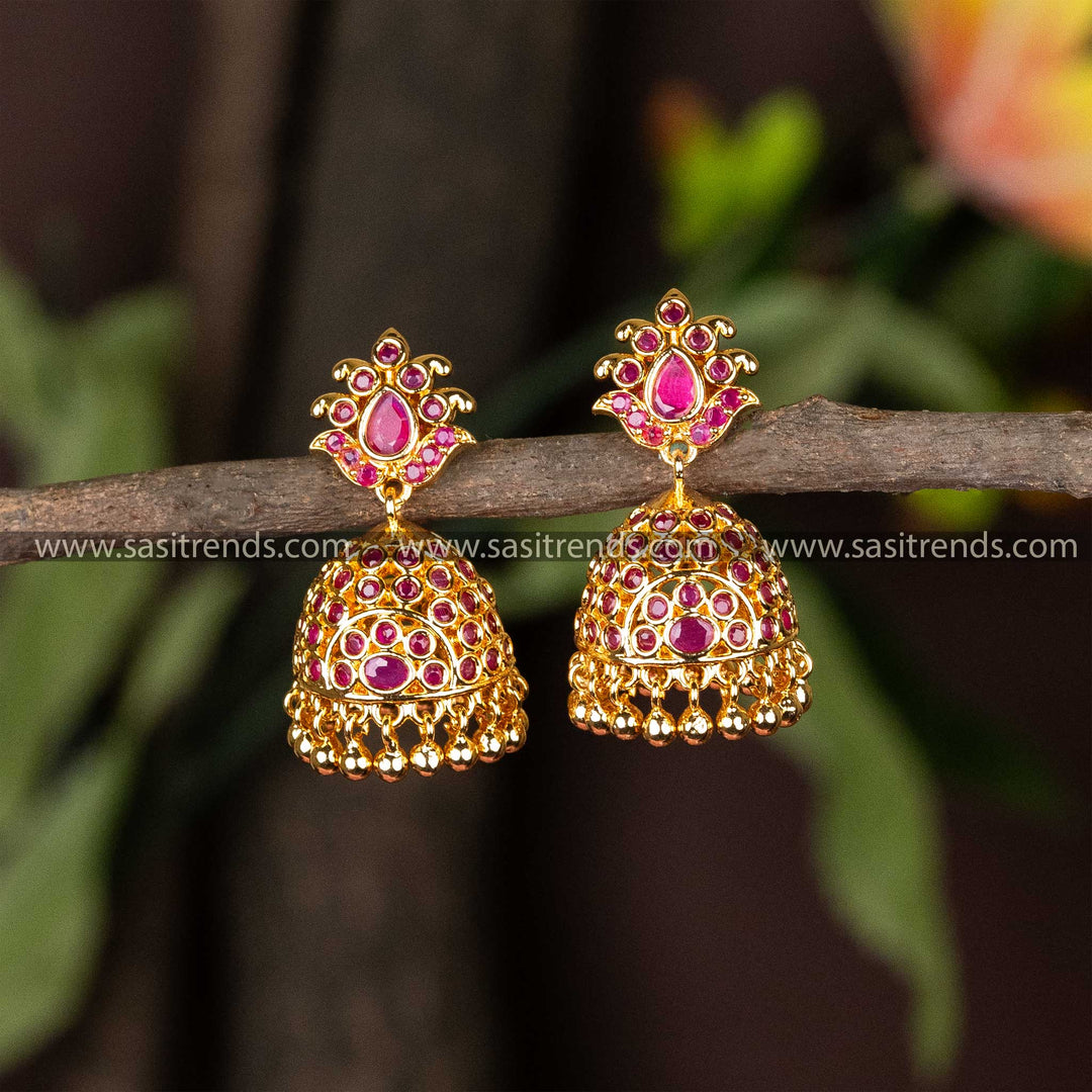 Guaranteed One Gram Micro Gold Plated Lotus Designer AD Stone Jhumka Earrings 