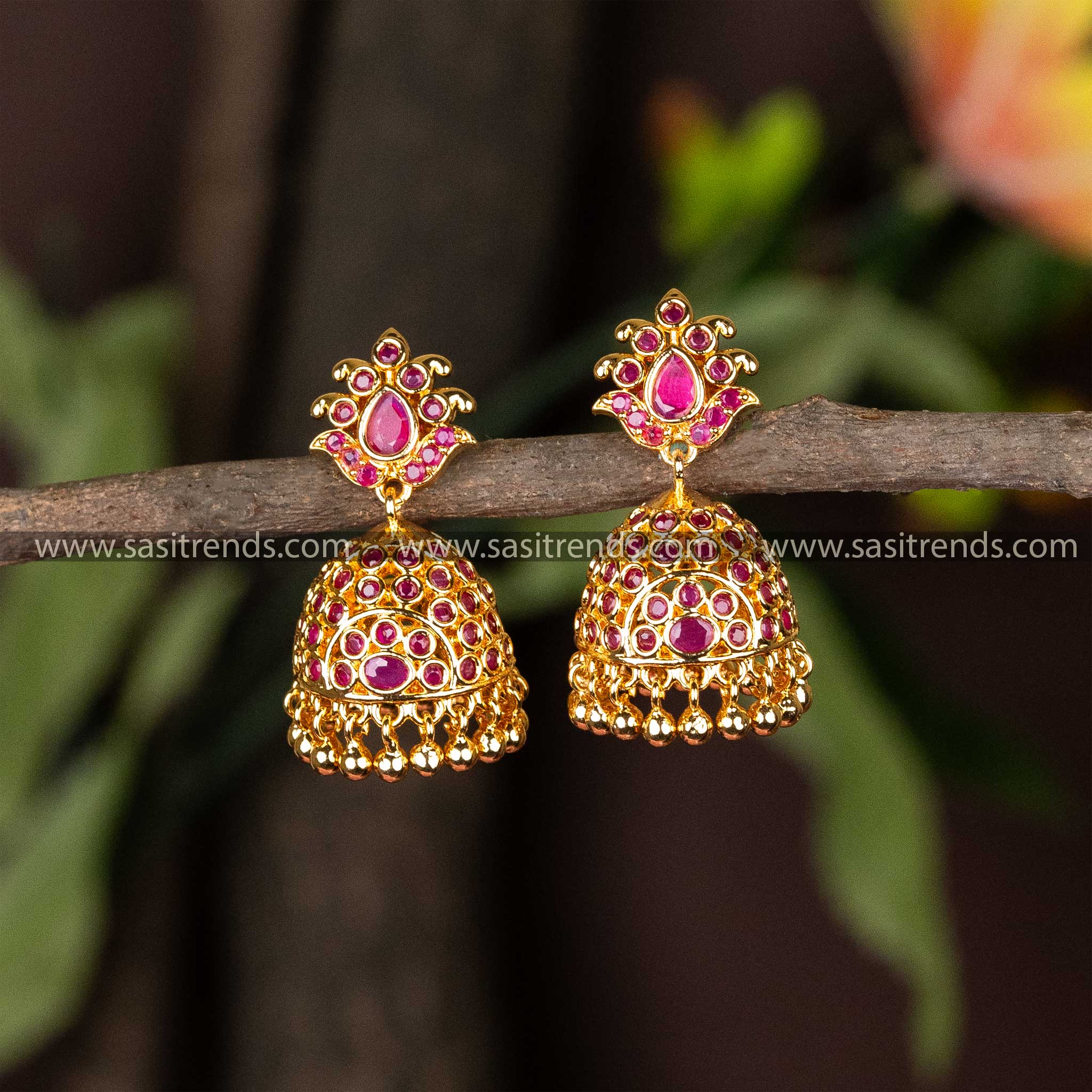 Guaranteed One Gram Micro Gold Plated Lotus Designer AD Stone Jhumka Earrings 