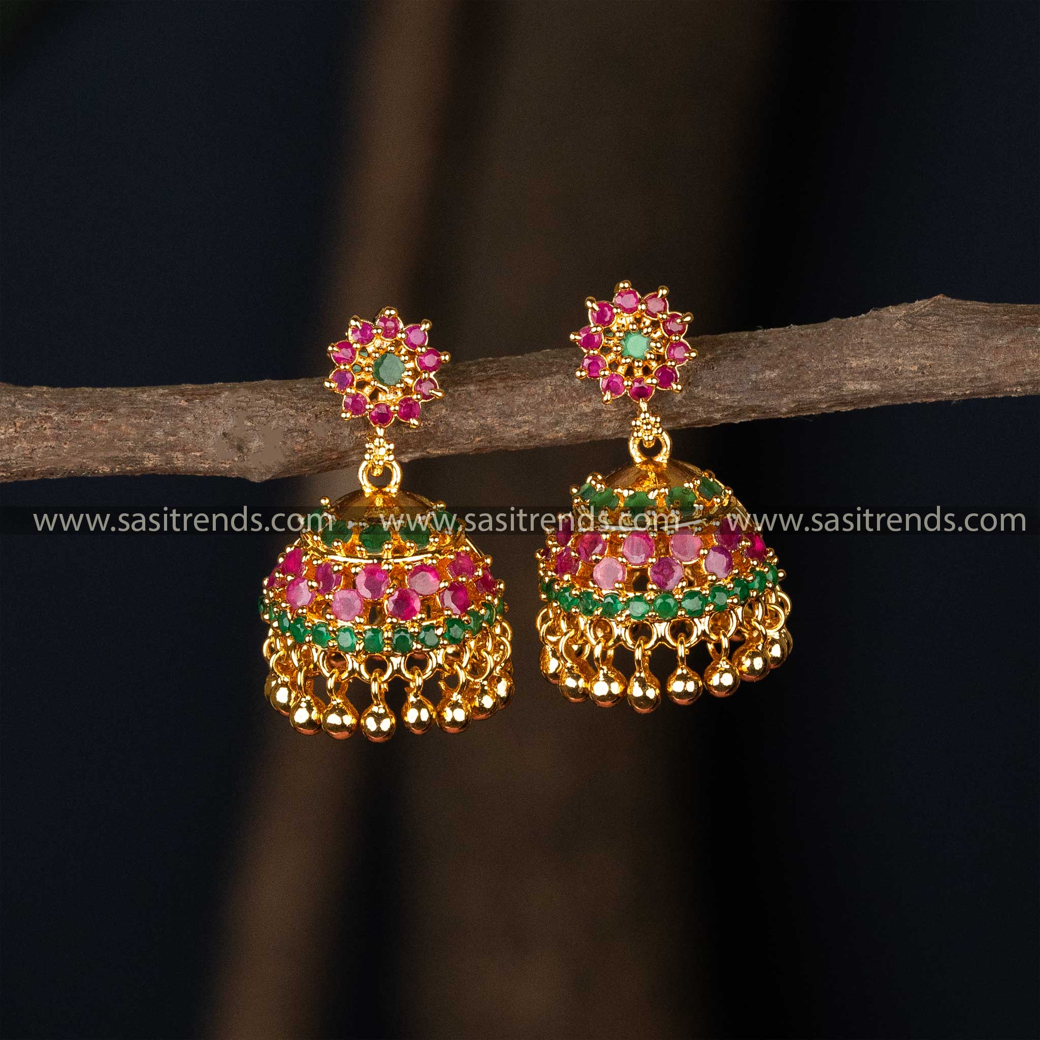 Traditional Guaranteed One Gram Micro Gold Plated Ruby Green AD Stone Jhumka Earrings 