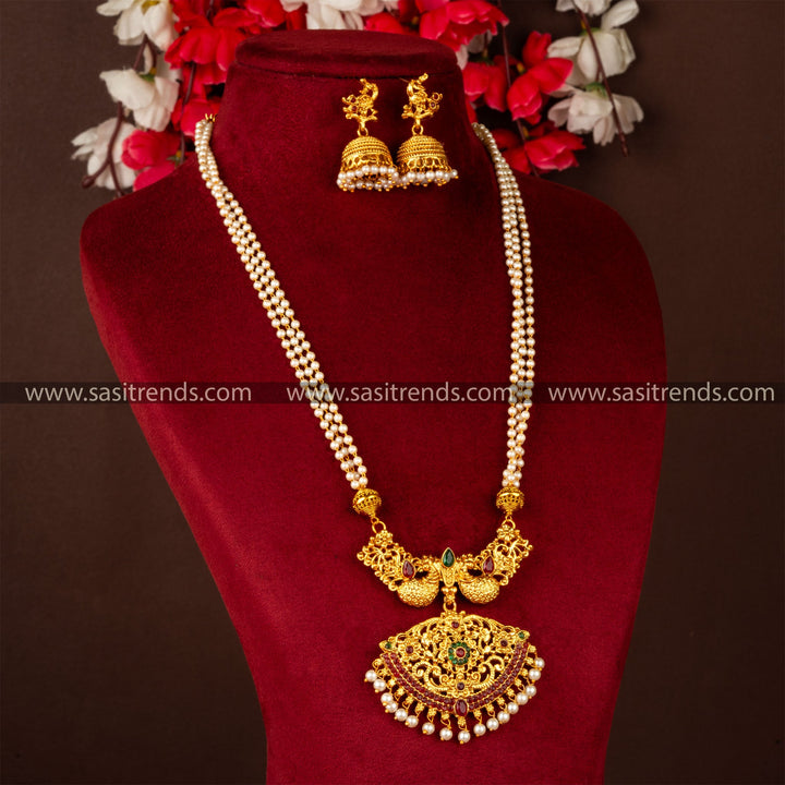 Classic Temple Matte Gold Peacock Designer ZX Synthetic Stone Jewellery Set with Pearl Jhumkas | Sasitrends