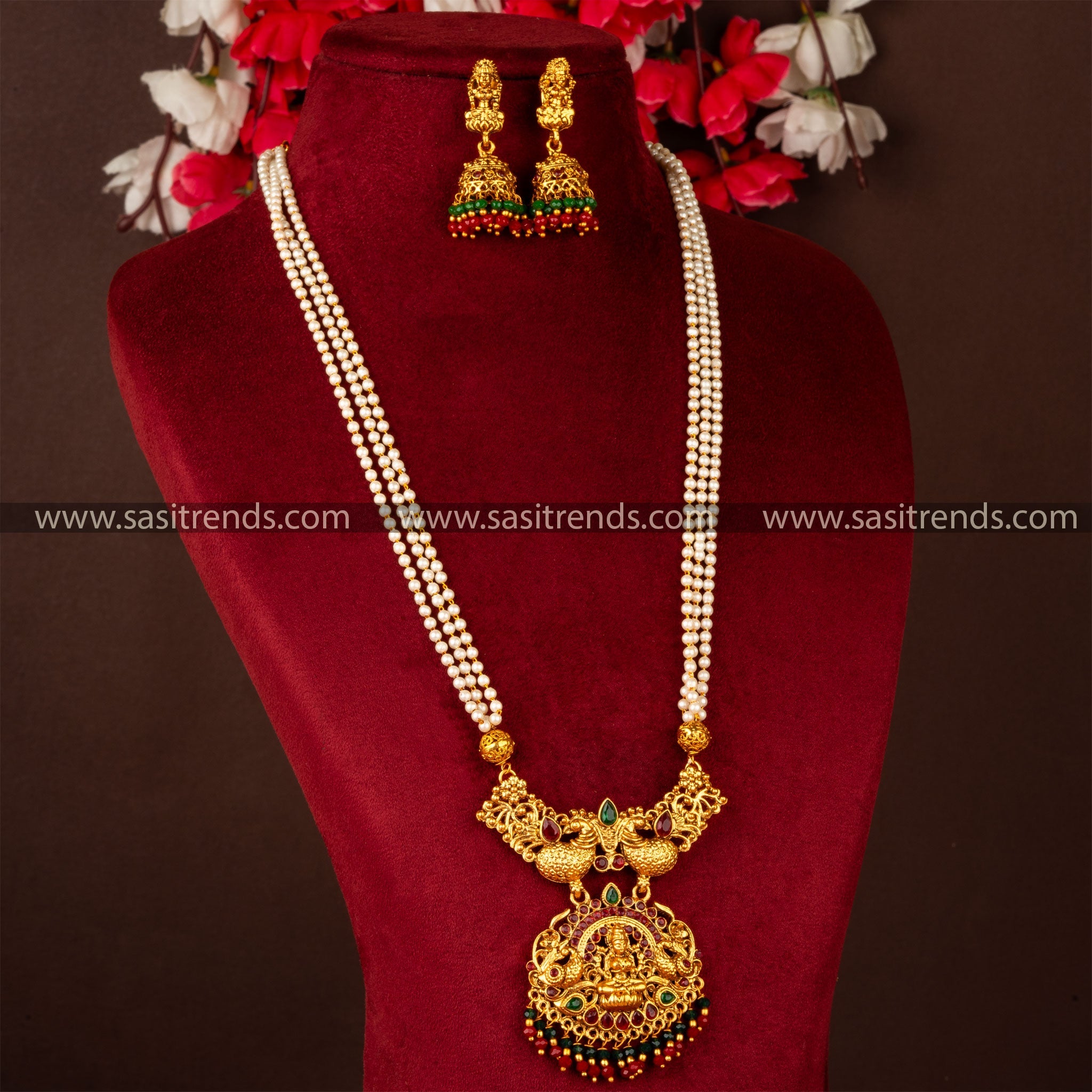 Classic Matt Gold Two Peacock Lakshmi Pendent Jewellery Set For Women