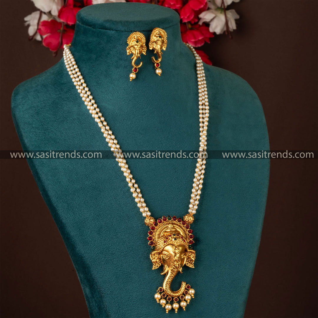 Divine Lord Ganesh Jewellery Set: Alloy, Pearls, Matt Gold Finish