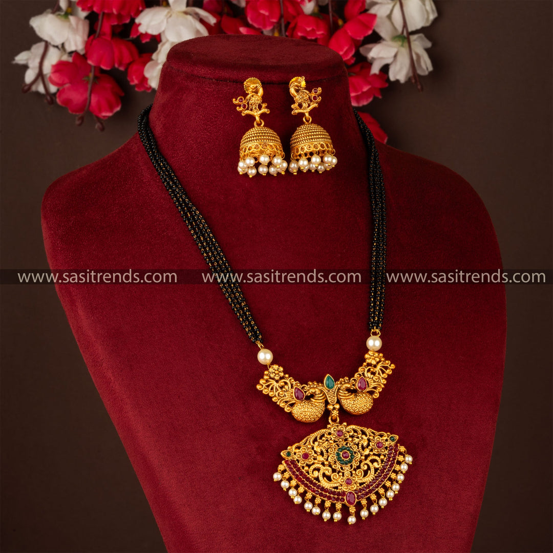 Classic Matt Gold Peacock Necklace Set with Floral Pendant Jewellery Set