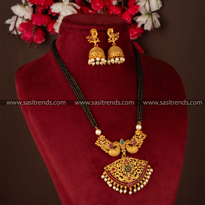 Elegant Classic Matt Gold Peacock And Floral Pendant Necklace Jewellery Set with Jhumka