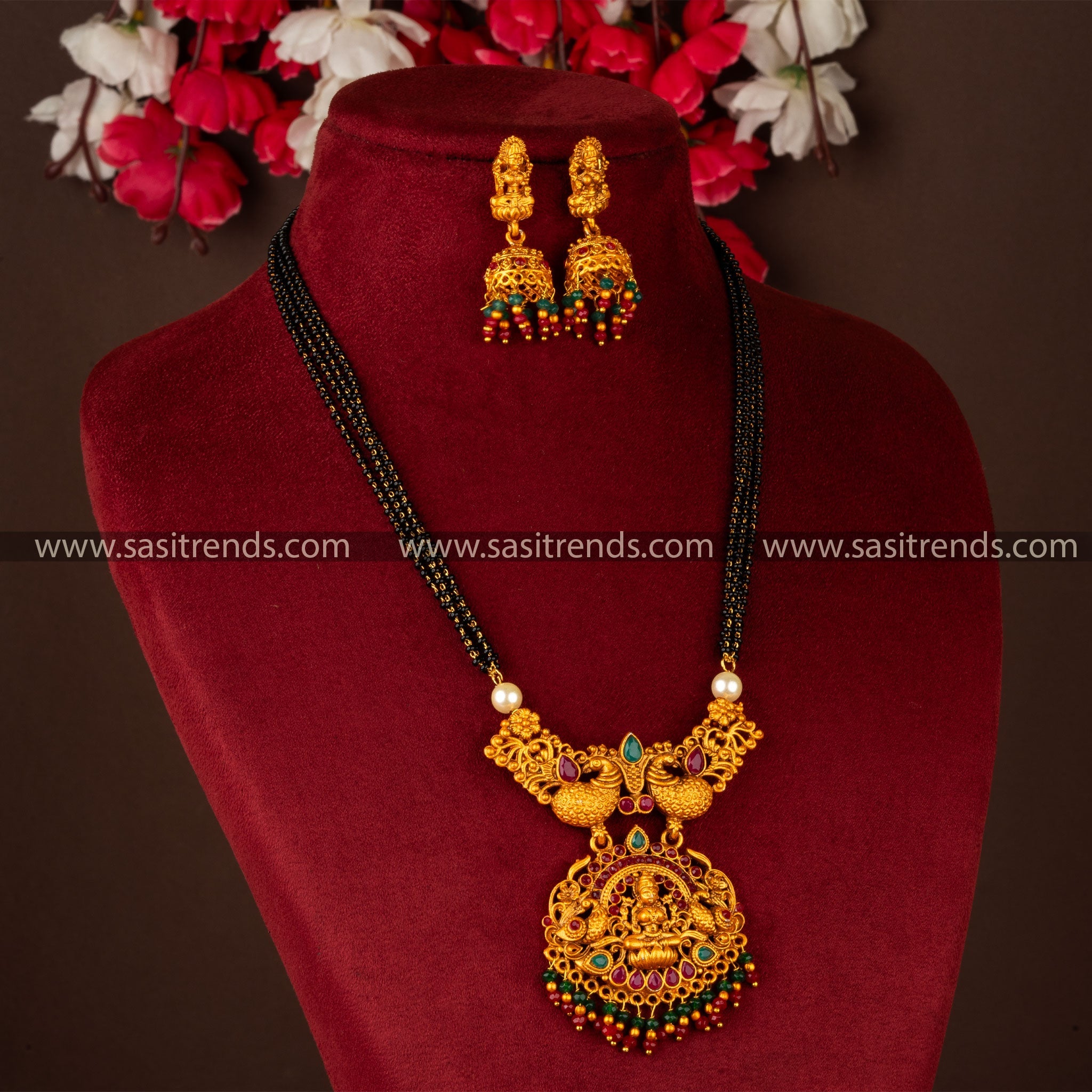 Matt Gold Lakshmi and Peacock Designer Necklace Jewellery Set