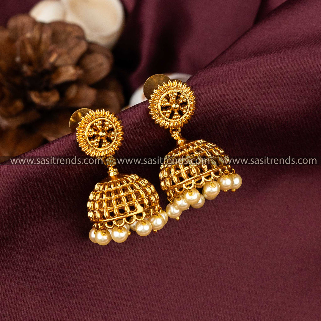 Traditional Temple Wear Matt Gold Plated Brass Pearl Earrings Sasitrends Online Shopping