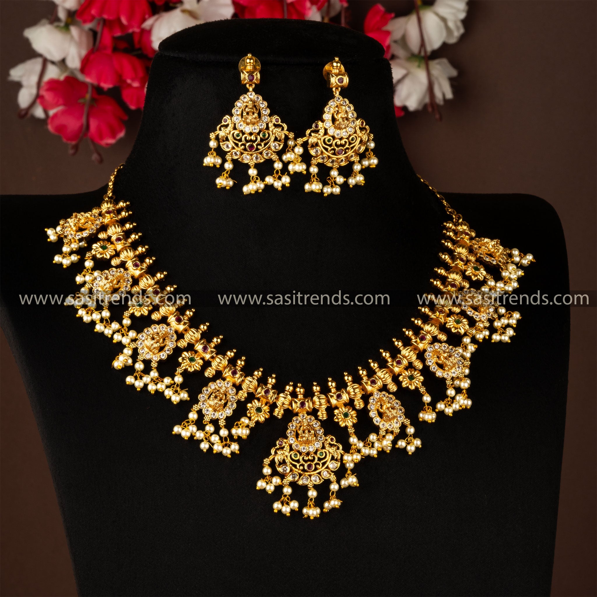 Traditional Matt Gold Plated Floral Designer AD Pearl jewellery Set