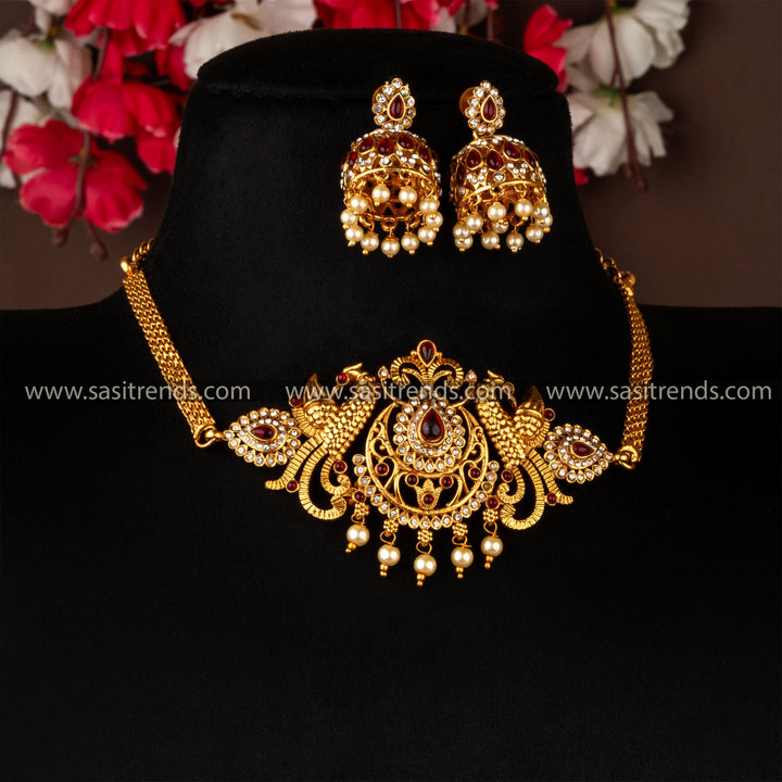 Traditional Classic Matt Gold Plated Peacock  Pattern Choker Jewellery Set