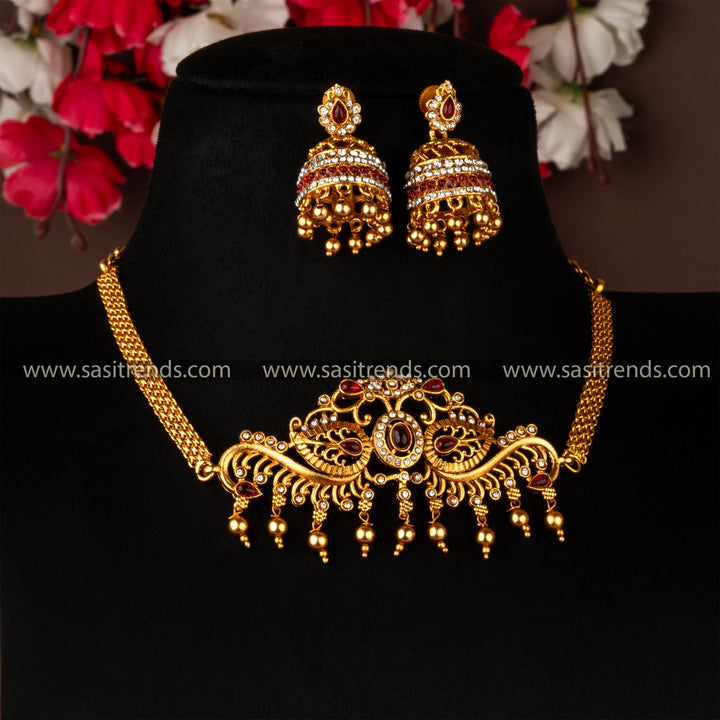 Trendy Floral Matt Gold Plated White Ruby Jewellery Set