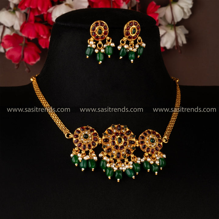 Classic Matt Gold  Temple Floral Choker Jewellery Set With Earrings | Sasitrends