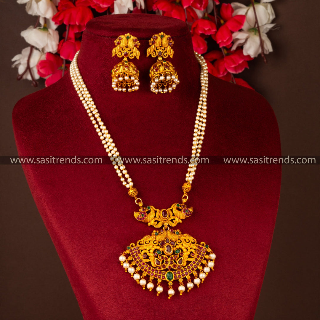 Classic Temple Wear Matt Gold Plated Three Line Pearl Mala Jewellery Set Online