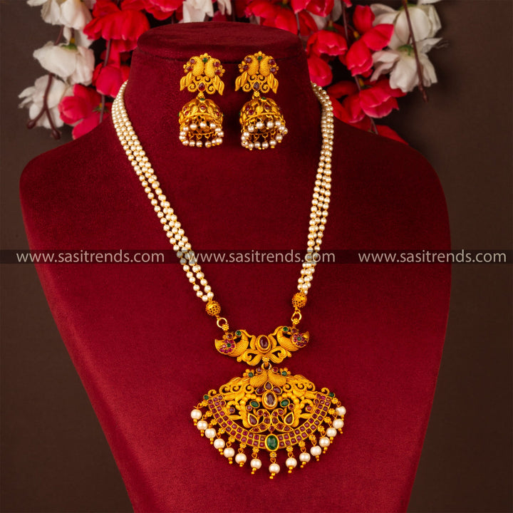 Elegant Classic Matt Gold Peacock Pendant Necklace Jewellery Set with Jhumka - Perfect for Traditional Grace