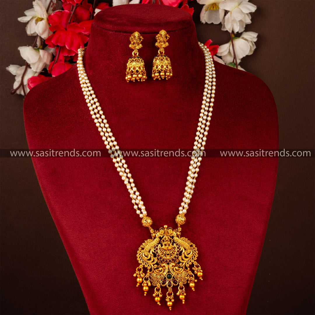 Classic Matt Gold Peacock & Lakshmi Pendant Necklace Set