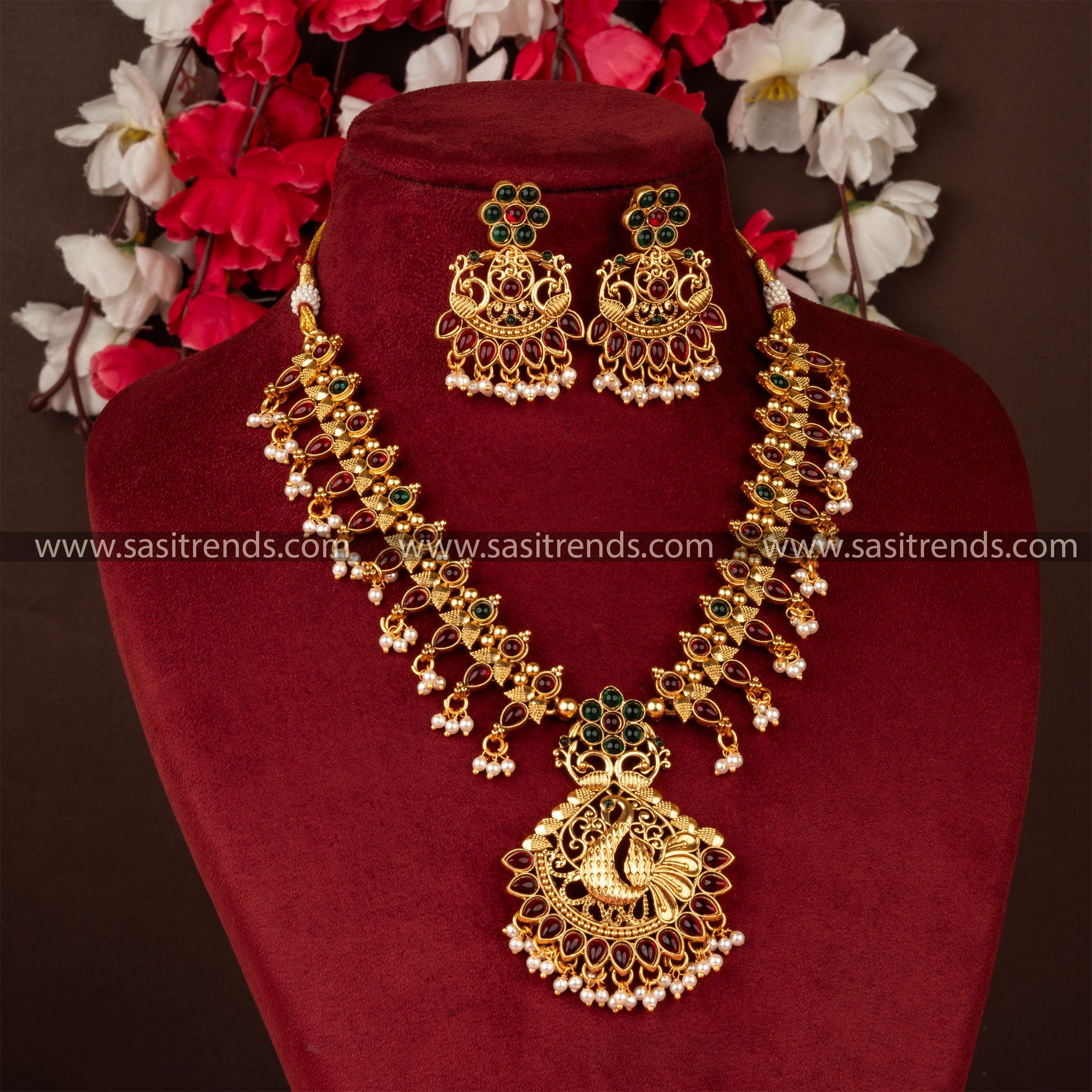 Temple Wear Matt Gold Plated Ruby Green Necklace Jewellery Set