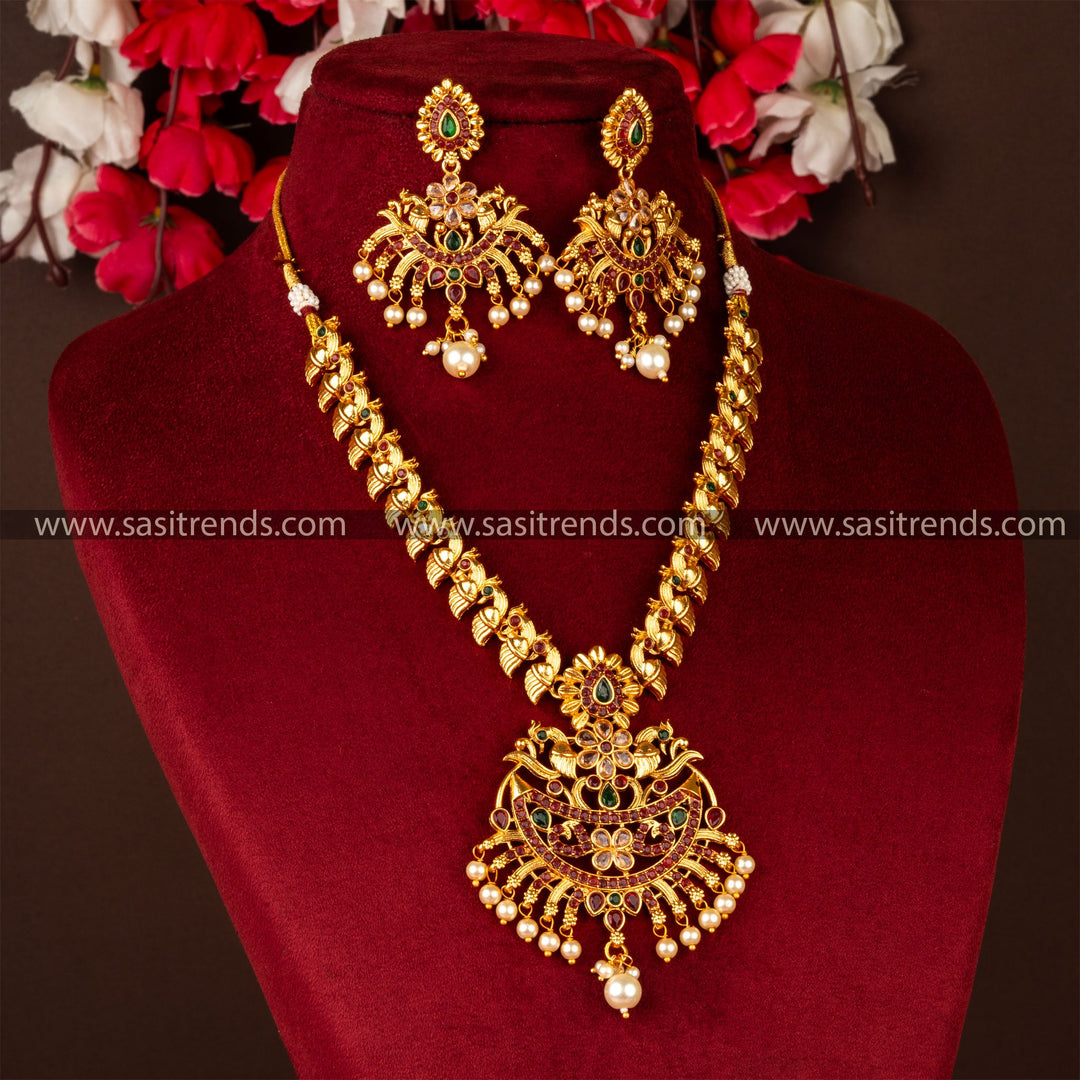 Classic Temple Wear Matt Gold Peacock With Floral Pattern Short Necklace Jewellery Set