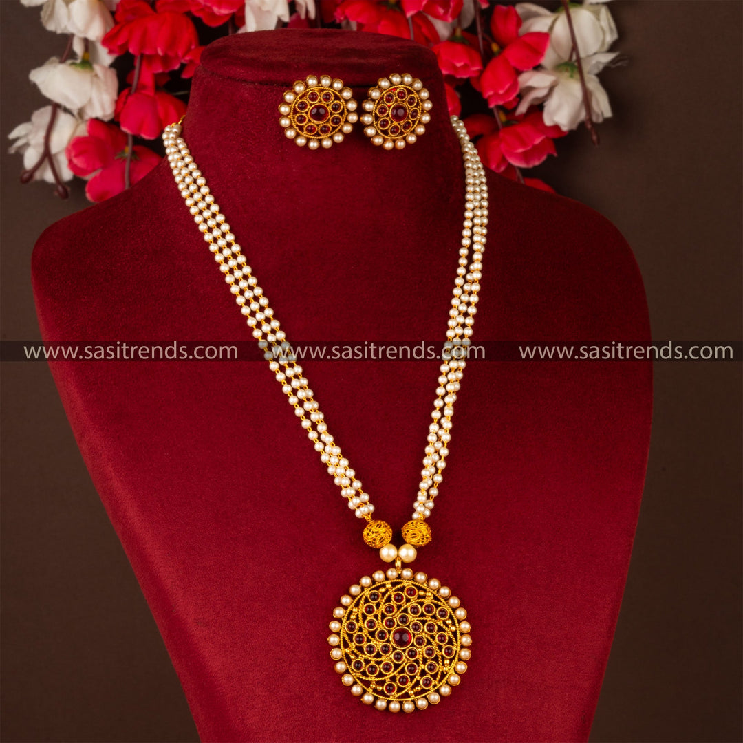 Sasitrends Traditional Matt Gold-Plated Three Line Pearl Mala Necklace Set - Timeless Elegance