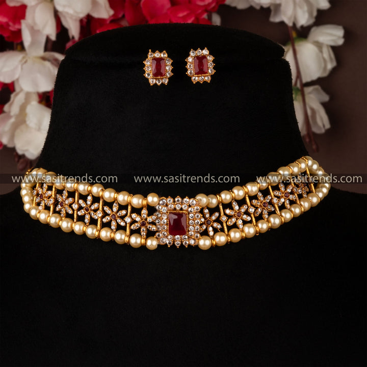 Classic Temple Wear Matt Gold Plated Ruby White Rectangle Choker Pearl Necklace set