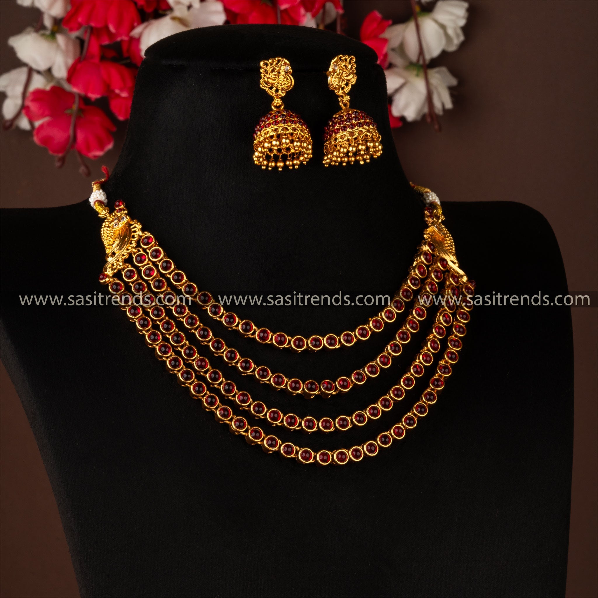 Traditional Temple Matt Gold Ruby Necklace Jewellery Set