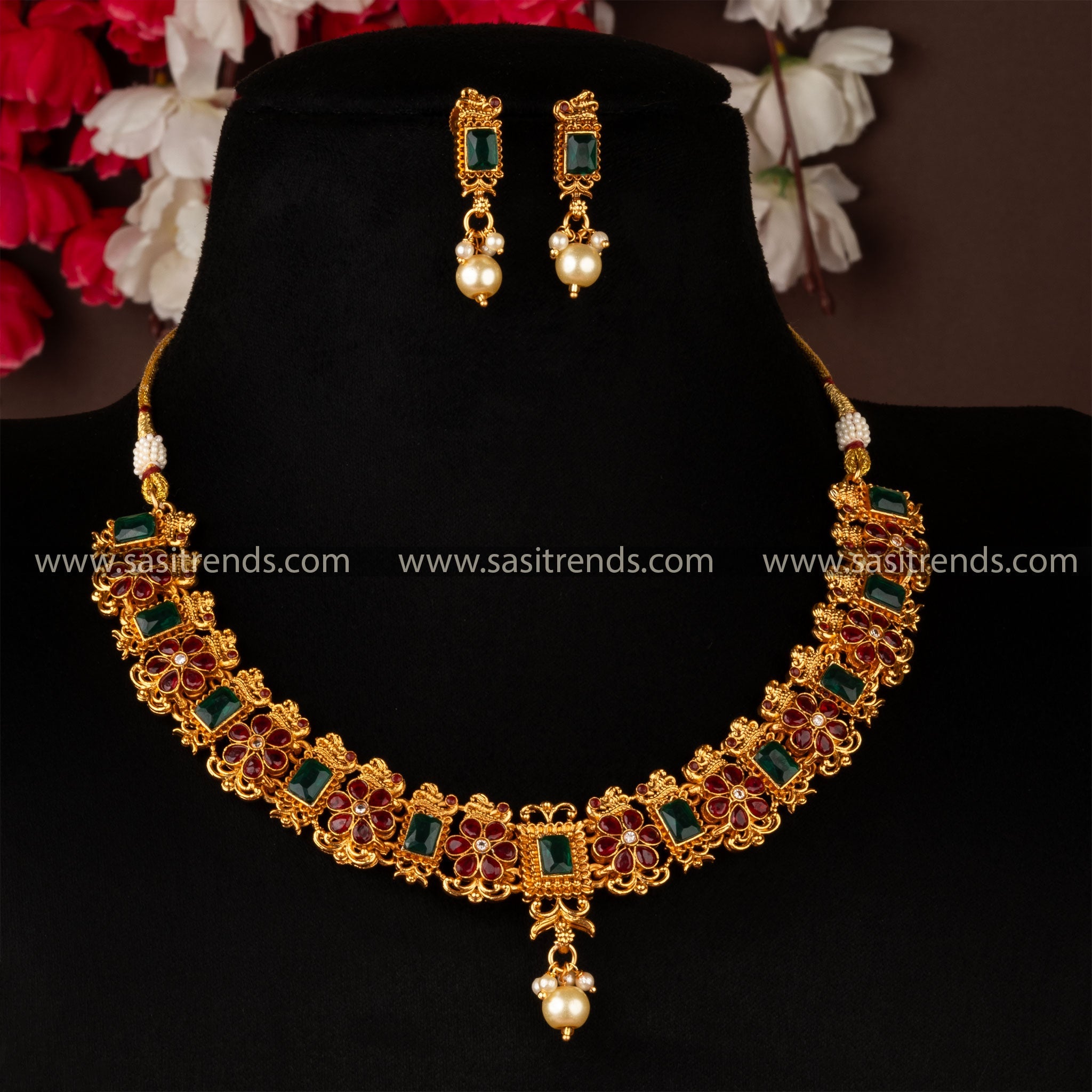 Sasitrends Classic Matt Gold-Plated Flower Designer Rectangle Stone  Necklace Jewellery Set