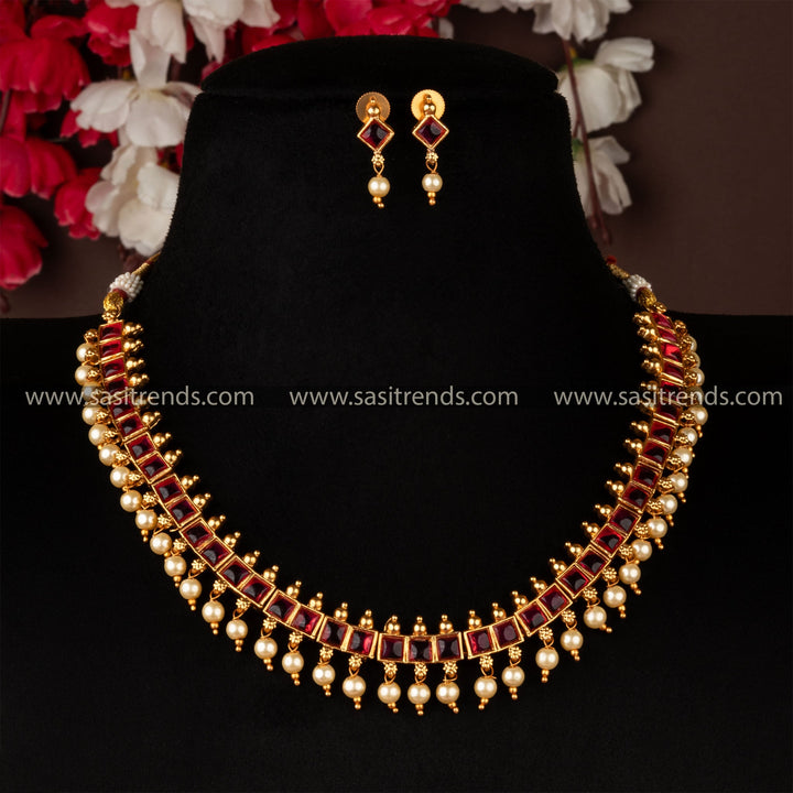 Sasitrends Classic Matte Gold-Plated Square Stone Connect With Pearl Jewellery Set