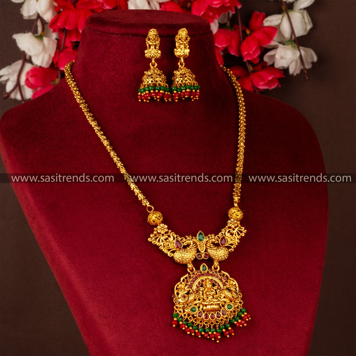 Classic Matt Gold Lakshmi Pendant Necklace Jewellery Set with Jhumka - Traditional Elegance