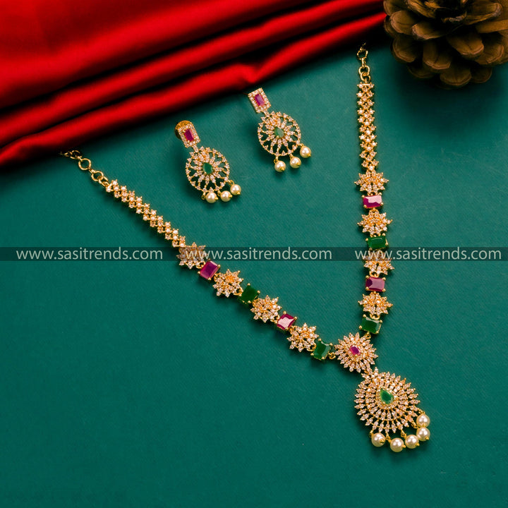 Micro Gold Plated Party Wear Flower Pendant AD Pearl  Jewellery Set | Sasitrends