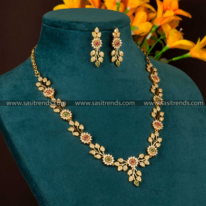 Sasitrends - Floral Artistry Micro Gold-Plated Brass Jewellery Set with AD Stones