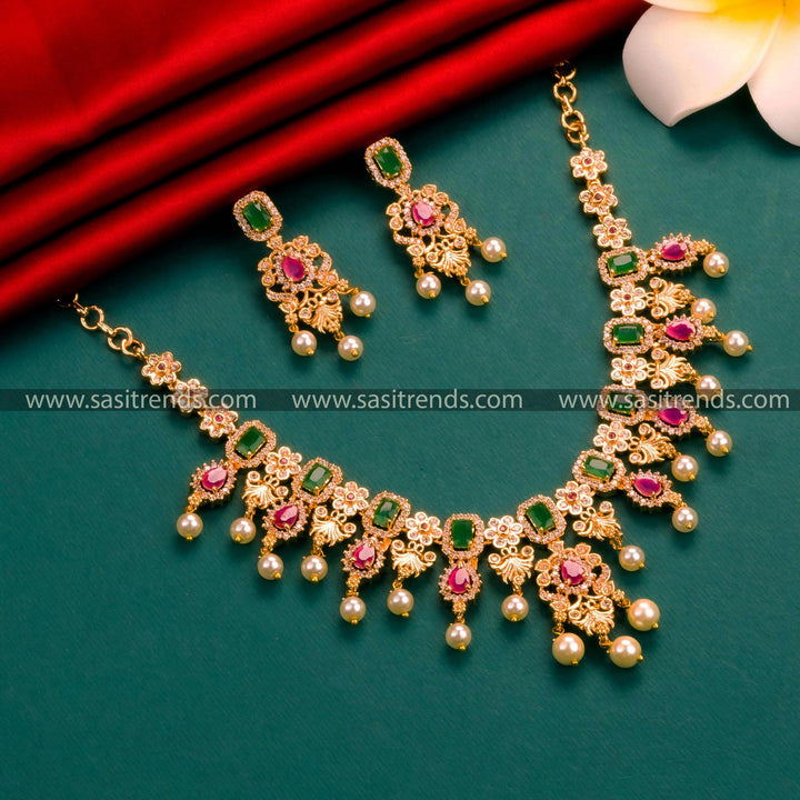 Sasitrends | Elegance: Micro Gold Plated Flower Pendant AD Pearl Jewellery Set