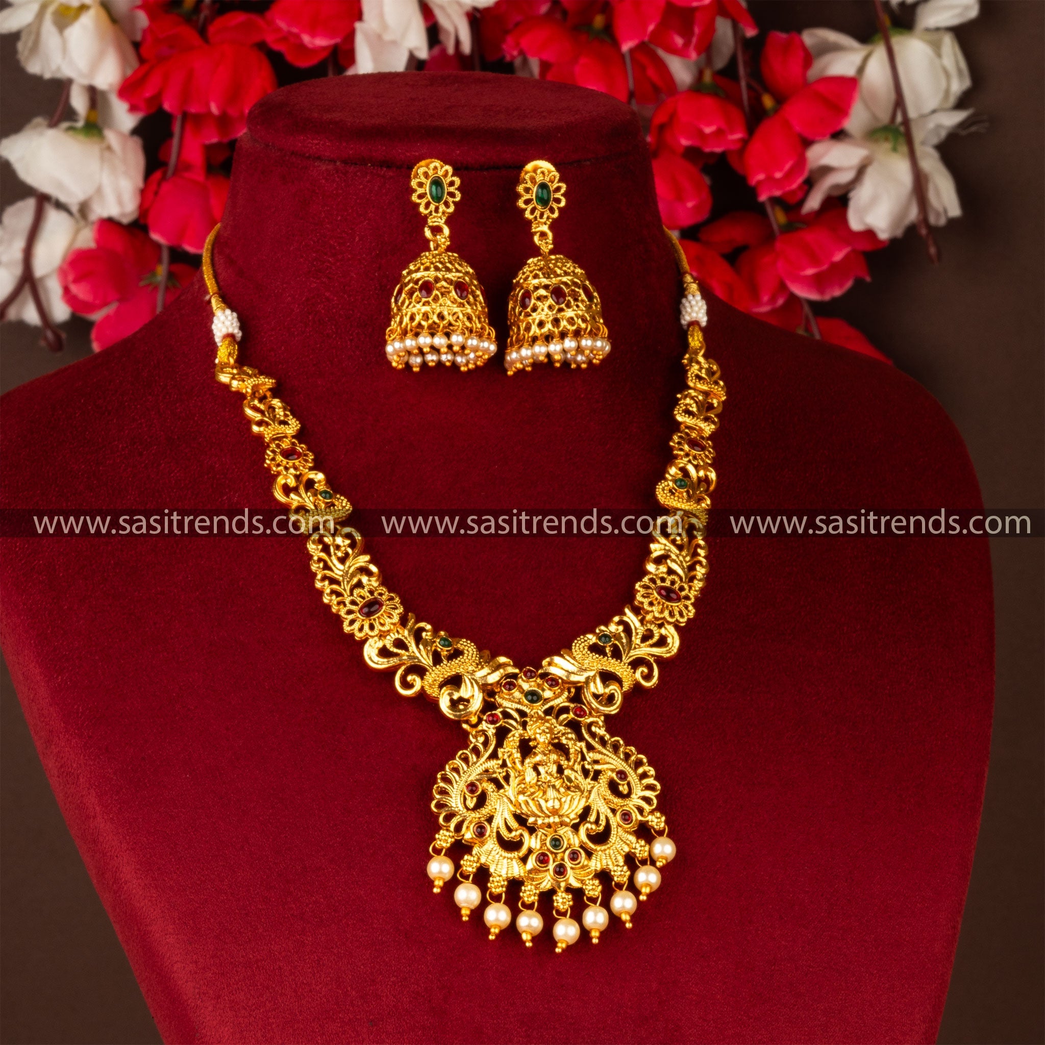 Classic Matt Gold Lakshmi Pendant With Jhumka Jewellery Set