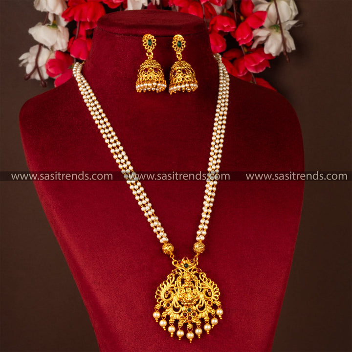 Beautiful Lakshmi Pendant Necklace Jewellery Set in Matt Gold with Jhumka - Classic Style