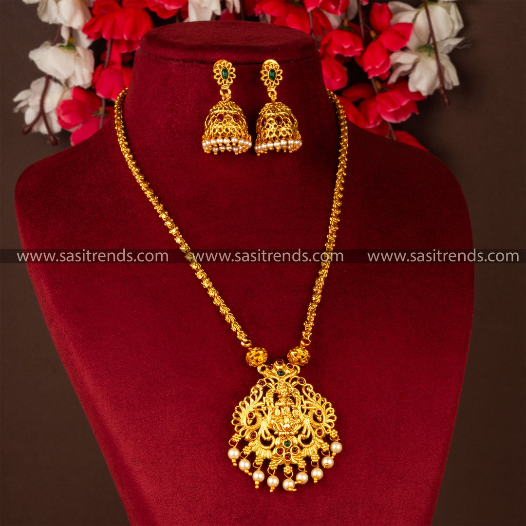 Classic Matt Gold Plated Long Chain Lakshmi Pendent Jewellery Set Online Shopping