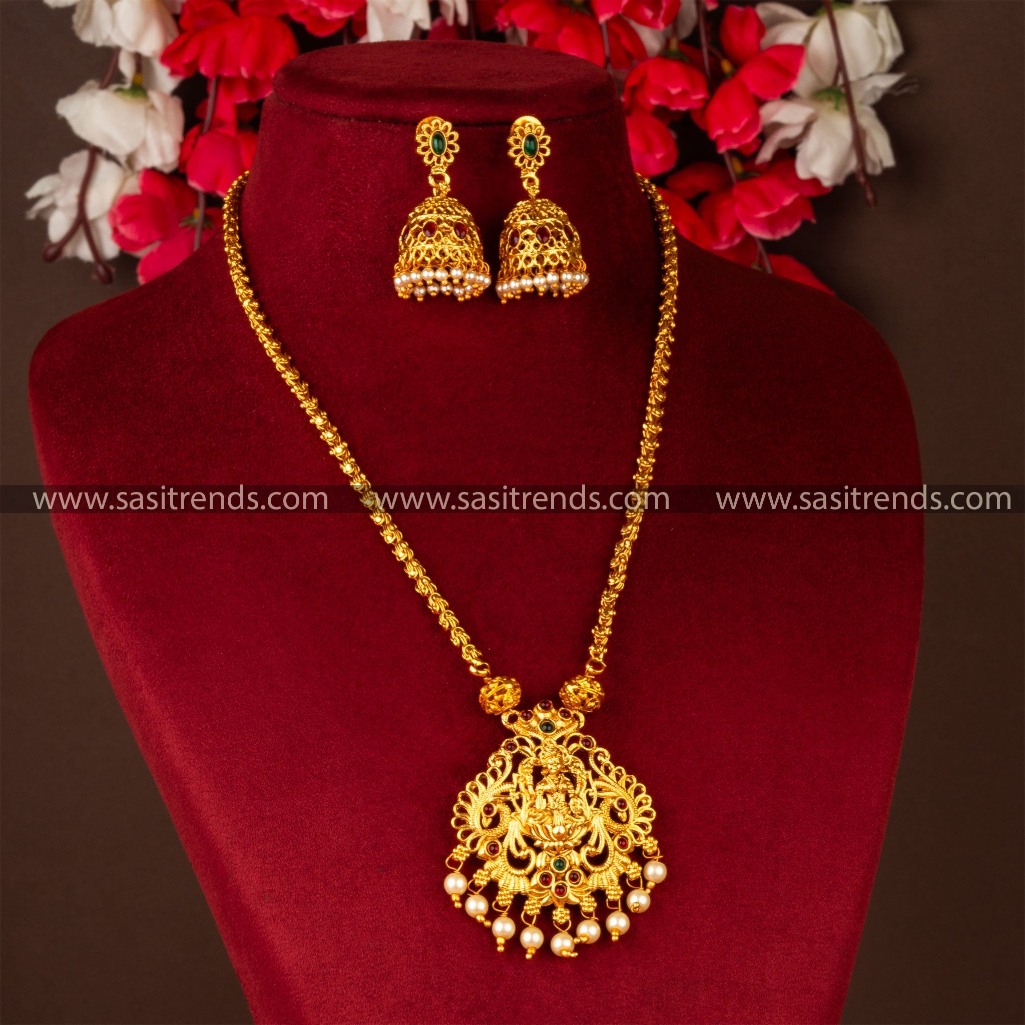 Classic Matt Gold Plated Long Chain Lakshmi Pendent Jewellery Set Online Shopping