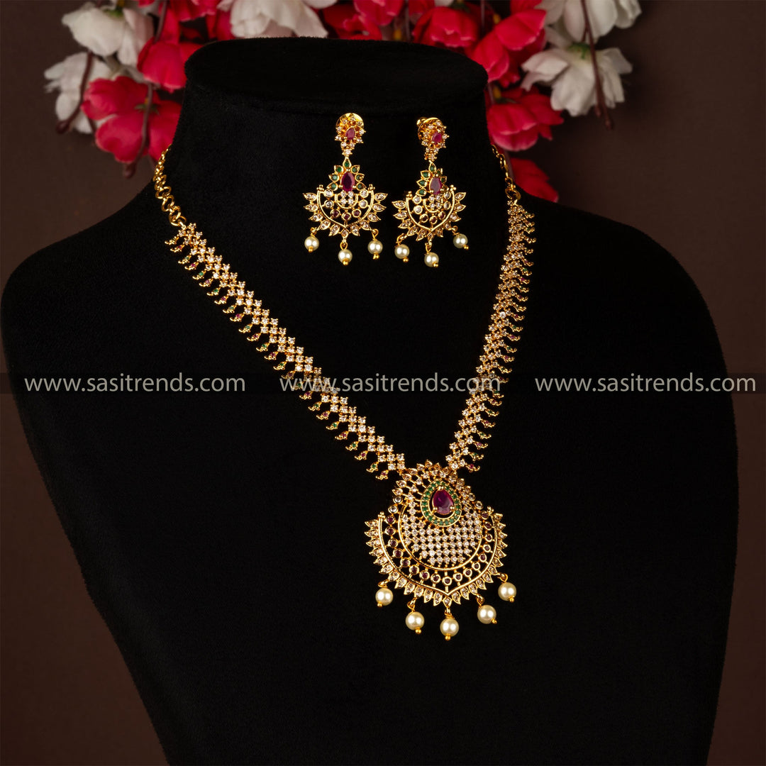 Opulent Micro Gold Plated Tilak Pendant Set with Earrings White Ball Jewellery Set