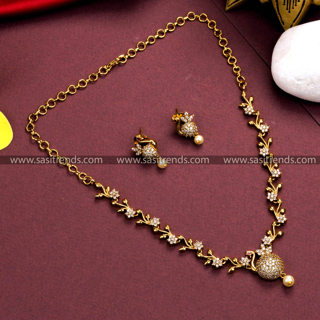 White Matt Gold Plated Temple Wear Peacock Pendant AD Jewellery Set