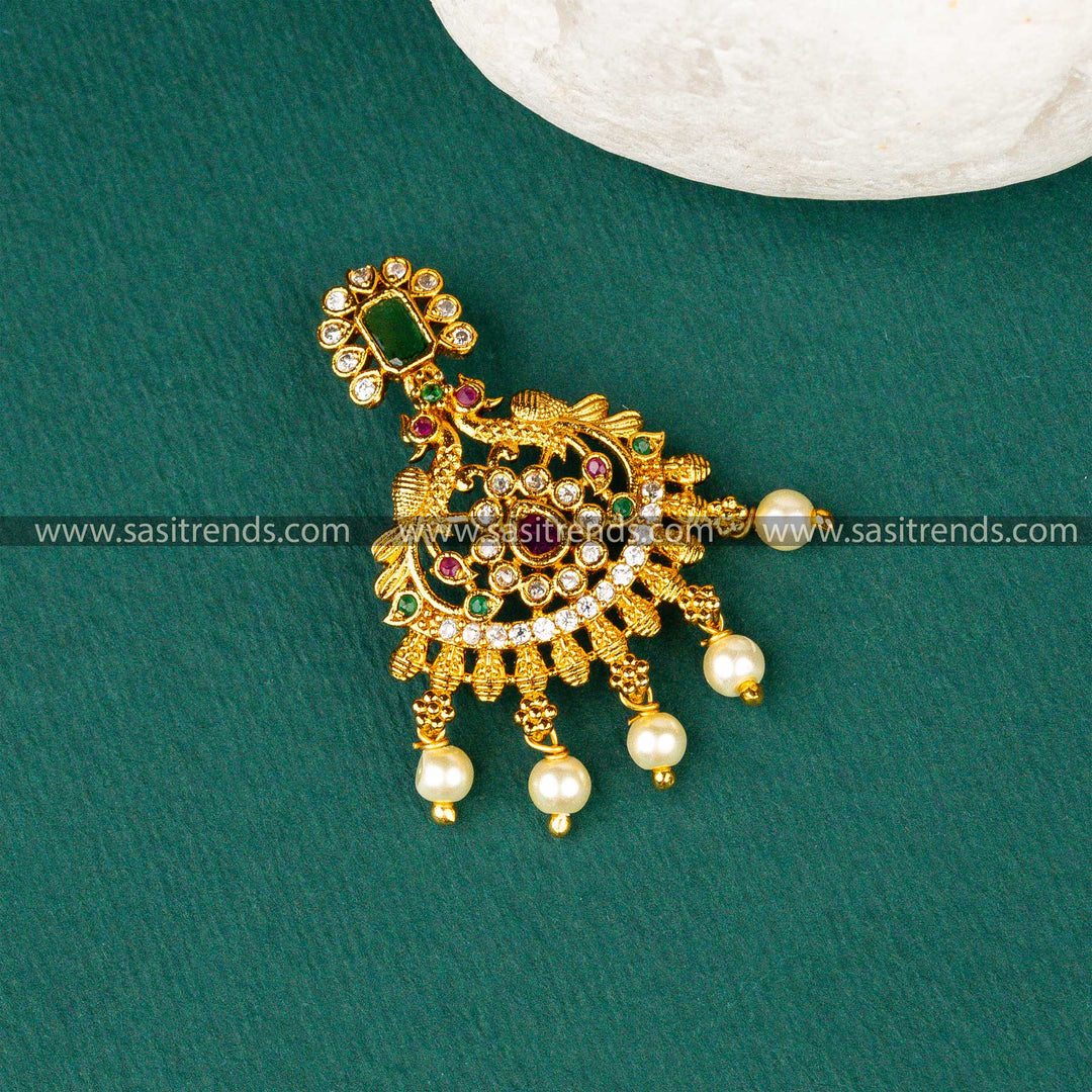 Traditional Matt Gold Plated Peacock Designer Pearl Hanging Multi AD Stone Pendant Sasitrends Online Shopping