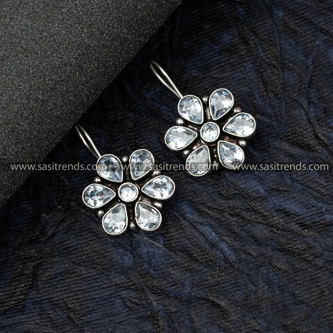 Traditional Oxidised German Silver Flower Designer AD stone studded Earrings