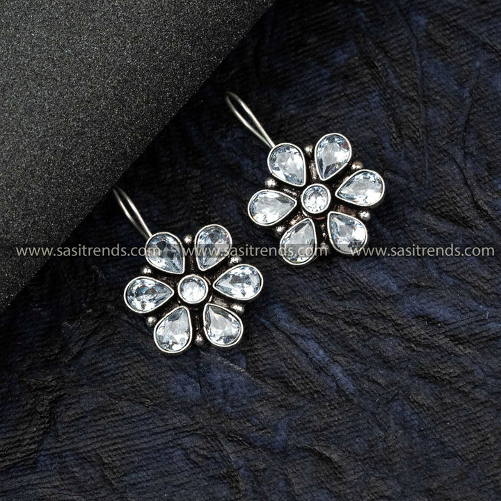 Sasitrends - Traditional Oxidised Silver Earrings with AD Stones Floral Design