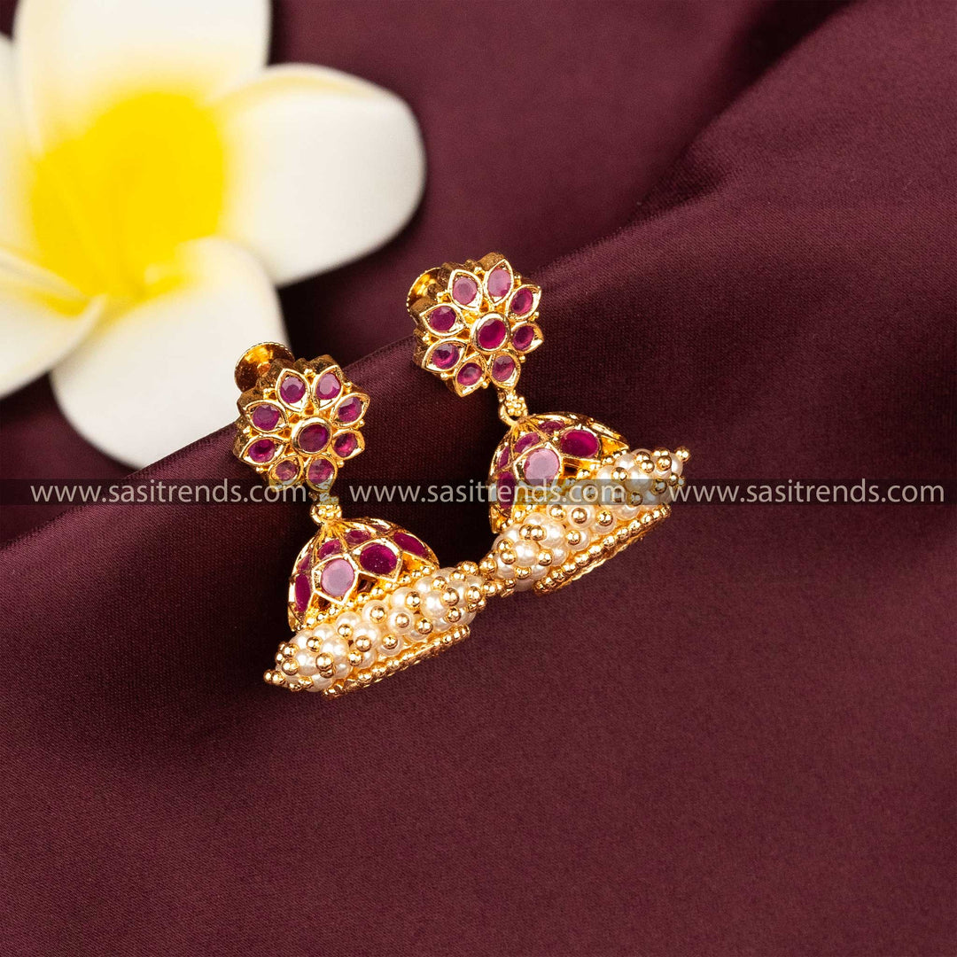 Traditional Elegance Guaranteed Micro Gold Plated Floral Designer Ruby AD Stone Earrings 