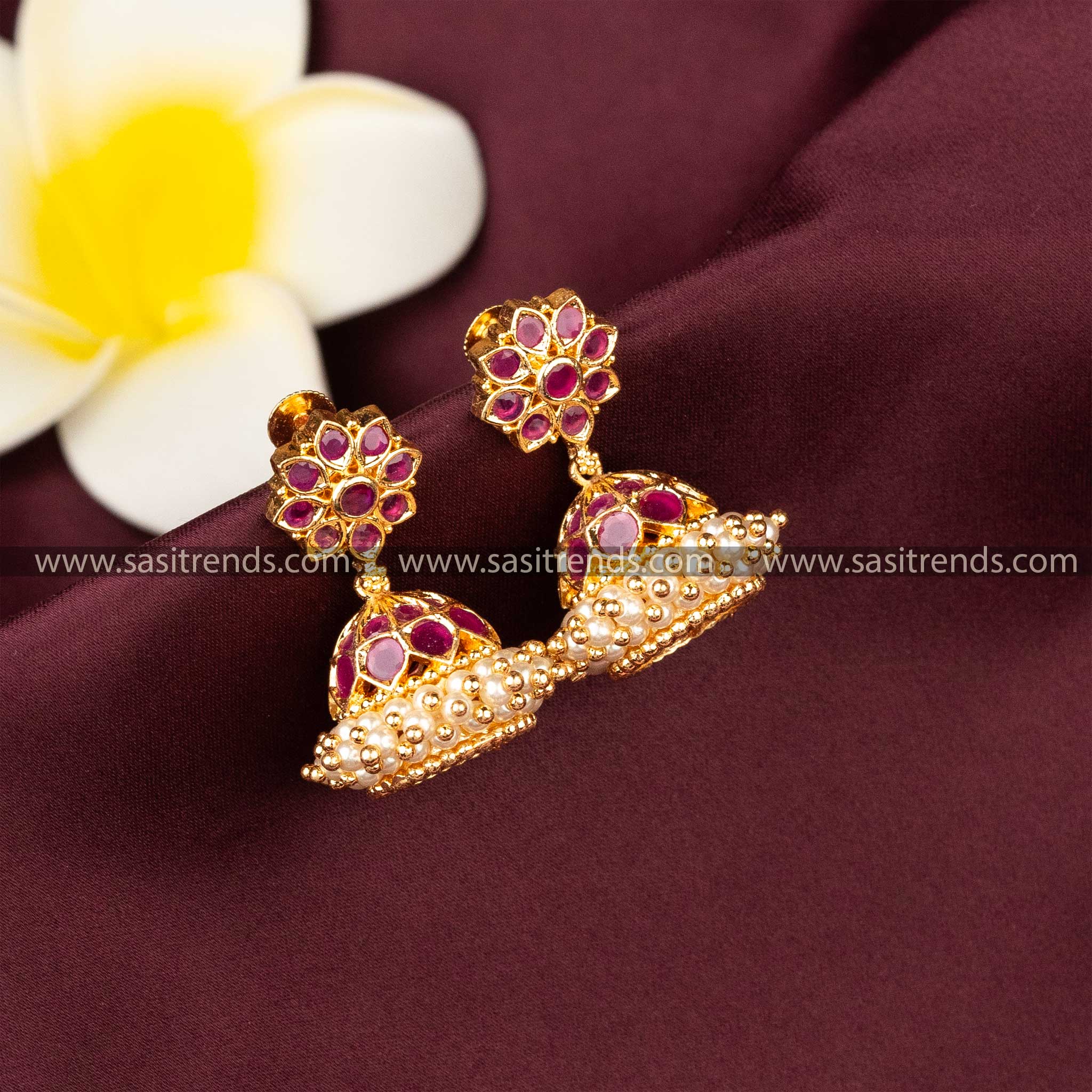 Traditional Elegance Guaranteed Micro Gold Plated Floral Designer Ruby AD Stone Earrings 