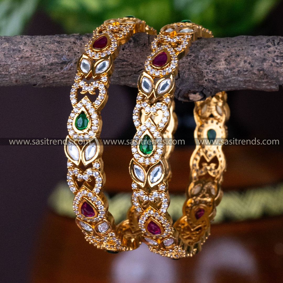 Temple Wear Matt Gold Plated Floral Designer Kudan Multi color Bangles