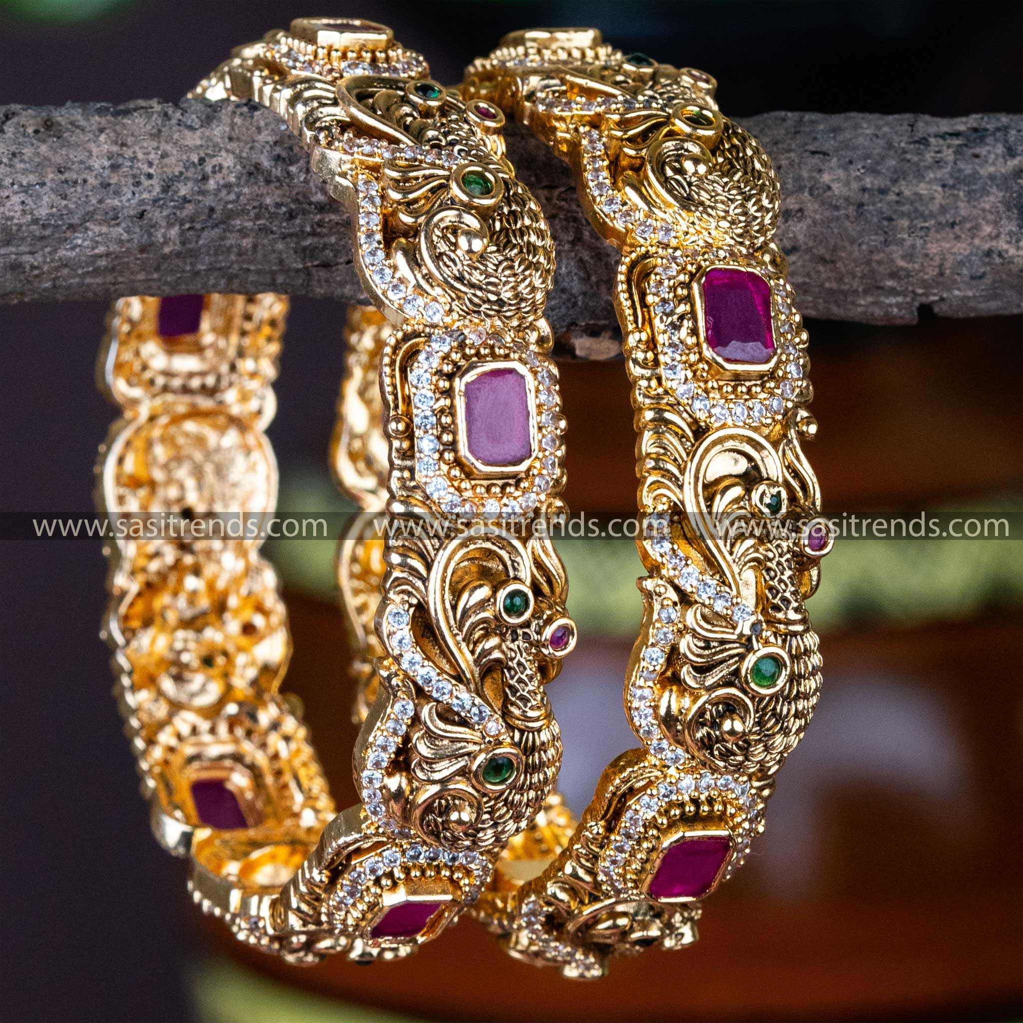 Temple Wear Matt Gold Plated Peacock Designer Rectangle AD Stones Bangles