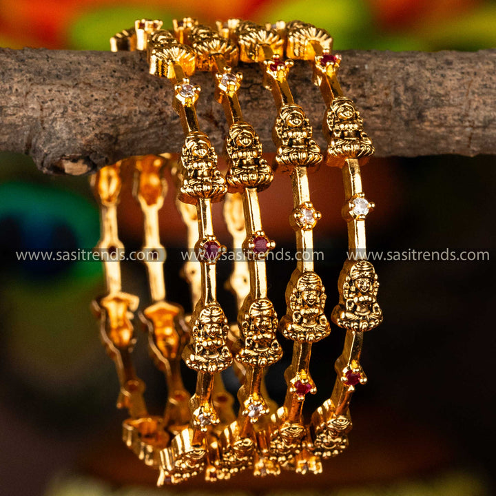 Traditional Temple Wear Matt Gold Plated Four Pieces Round AD Stone Lakshmi Motif Bangles Online Shopping