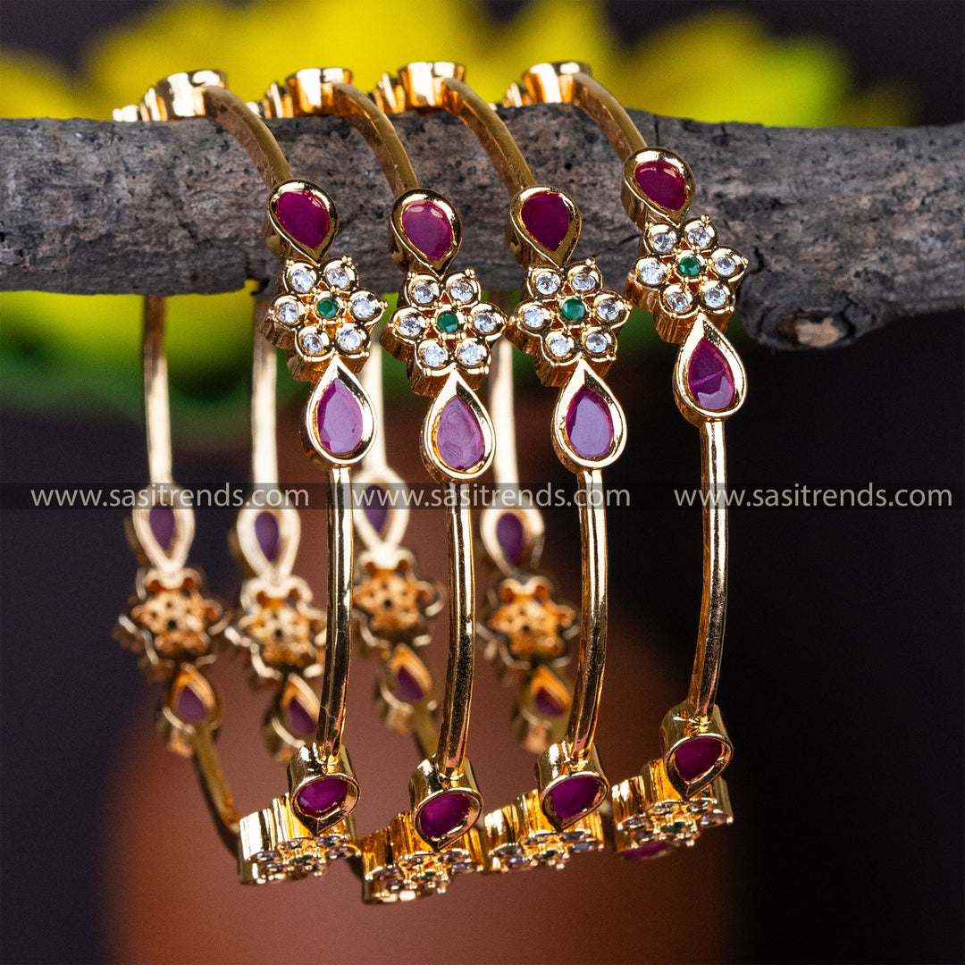 Guaranteed Micro Gold Plated Flower Pattern AD Stones Studded Bangles