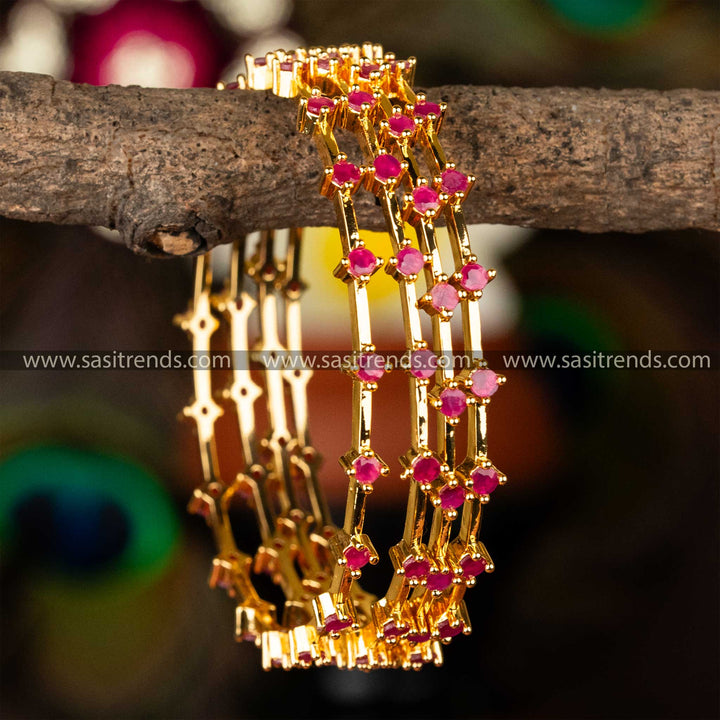 Elegant Micro Gold Plated Thin Bangles Set with Round American Diamond Stones - Sasitrends