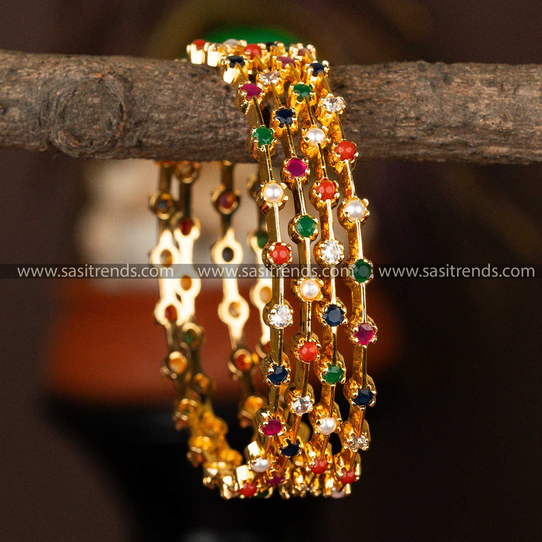 Traditional Wear Micro Gold Plated Navarathna AD Stone Studded Four Set Bangles Sasitrends