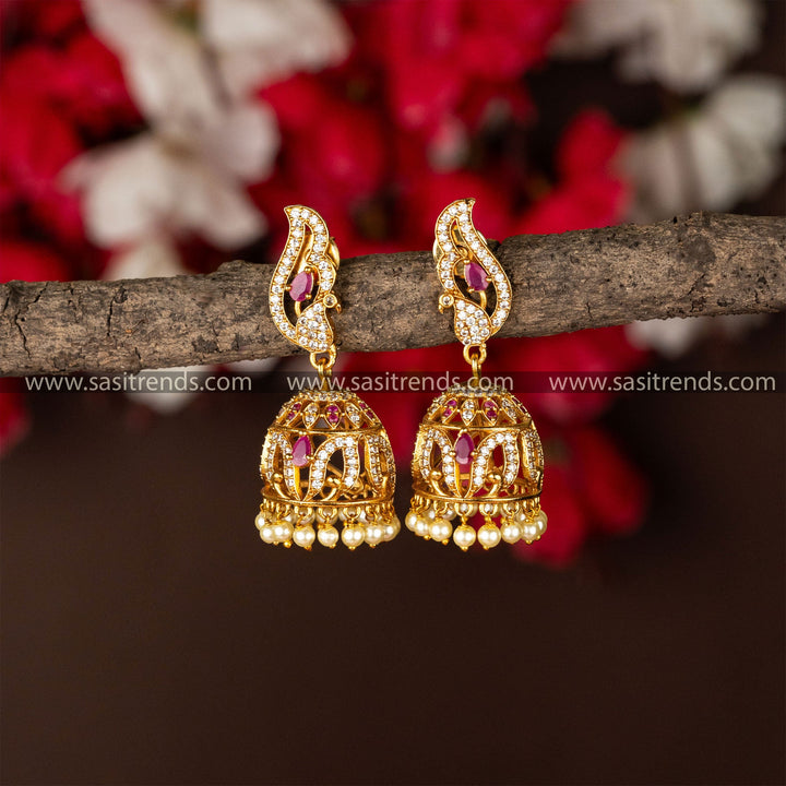 Sasitrends | Exquisite Traditional Temple Matte Gold Plated Peacock Designer Jhumka Earrings